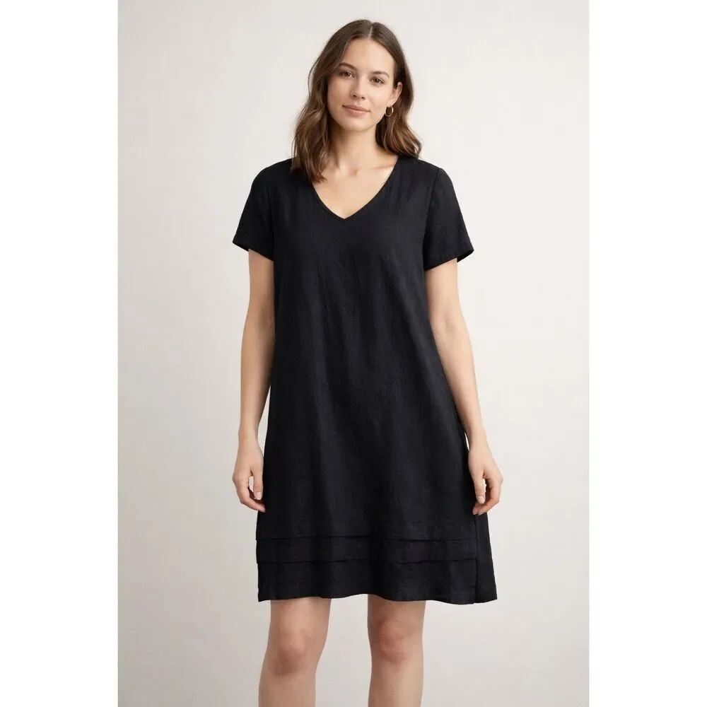 Original Black Linen Blend Shift Dress XL Short Sleeve Minimalist
